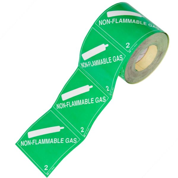 ⁦מדבקות אזהרה NON-FLAMMABLE GAS, ירוקות - 100X100 מ״מ - גליל 500 מדבקות⁩ – תמונה ⁦2⁩